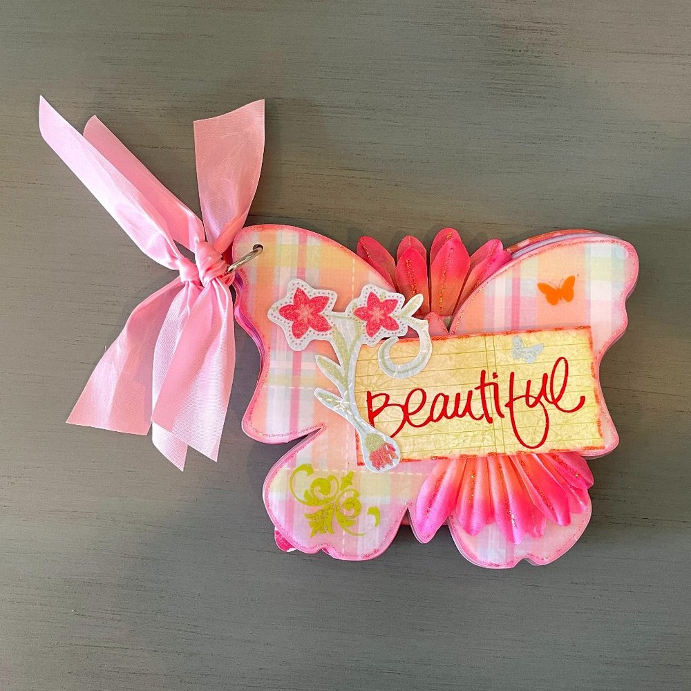 Pre-made Mini Scrapbook w/ Pink Ribbons, Butterflies, Glitter, Flowers